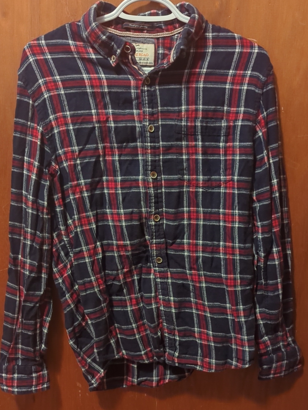 On The Road Navy & Red Plaid Flannel Button-Down Shirt Men's Size Medium